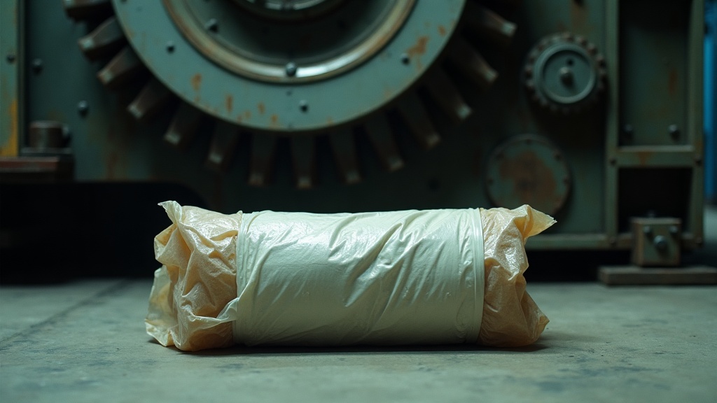 A replacement machine part still sealed in its factory wrapping, lying unopened on a concrete floor directly beneath a large machine whose assembly is spinning at full speed above it.