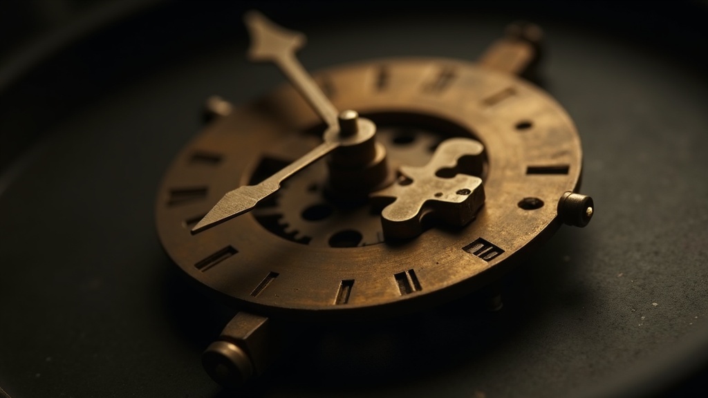 A bare clock mechanism with two sets of hands on one spindle pointing in different directions, no dial