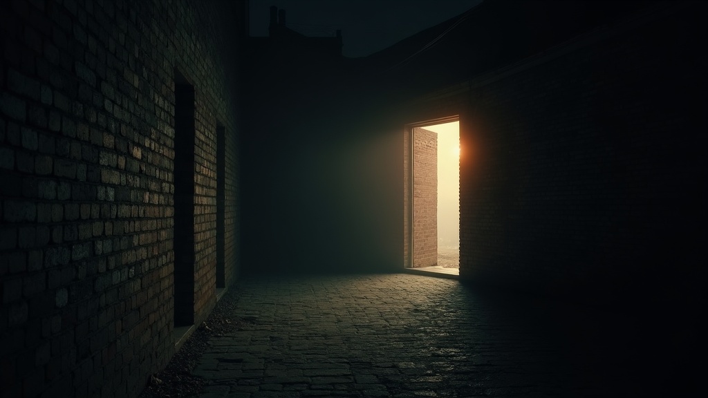 A long brick wall with one doorway freshly bricked shut and a second doorway further along the same wall standing open