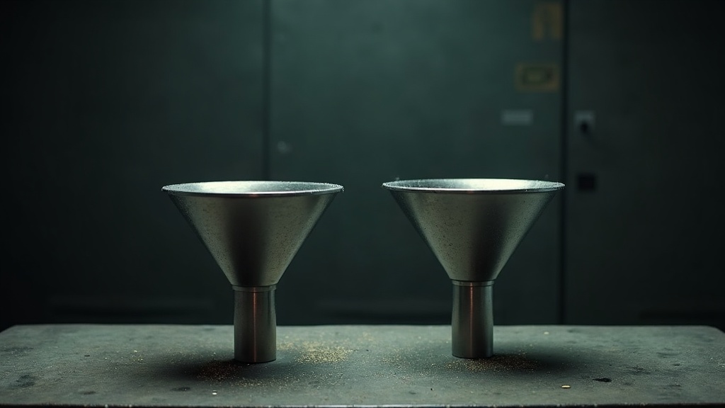 Two identical steel funnels standing mouth-up side by side on a dark bench. The left funnel is wide open all the way through. The right funnel has a bright machined collar clamped into its throat, leaving only a narrow opening.