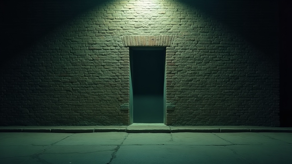 A long brick wall at night with one doorway freshly bricked shut in pale new mortar and a second doorway further along the same wall standing wide open into darkness.