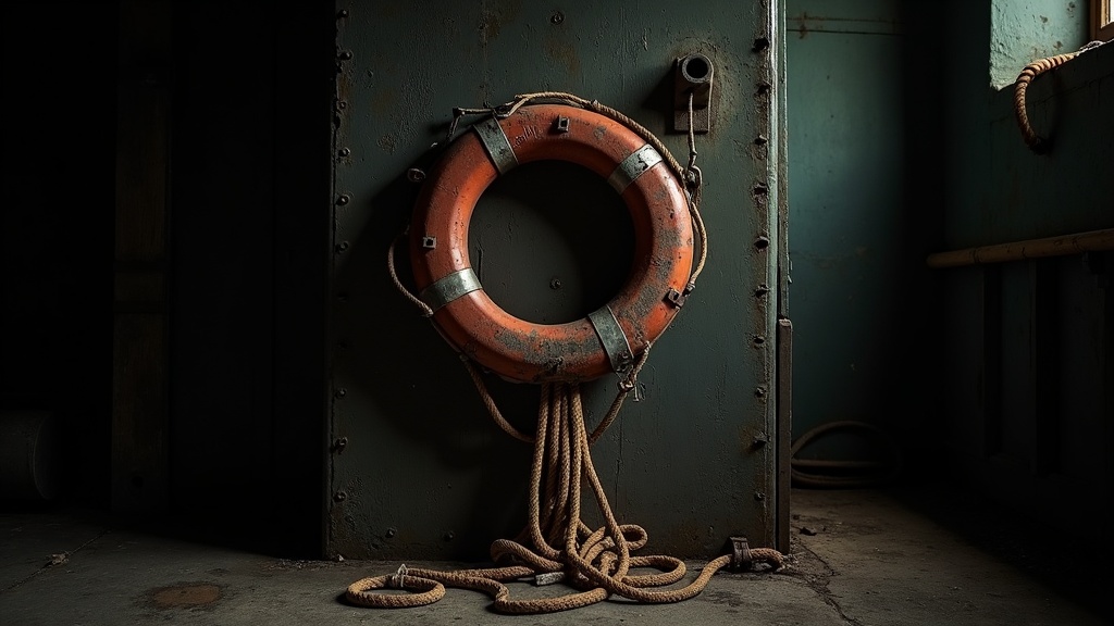 A lifebuoy still bolted to its wall bracket, the rescue rope beneath it rotted through and hanging in frayed pieces
