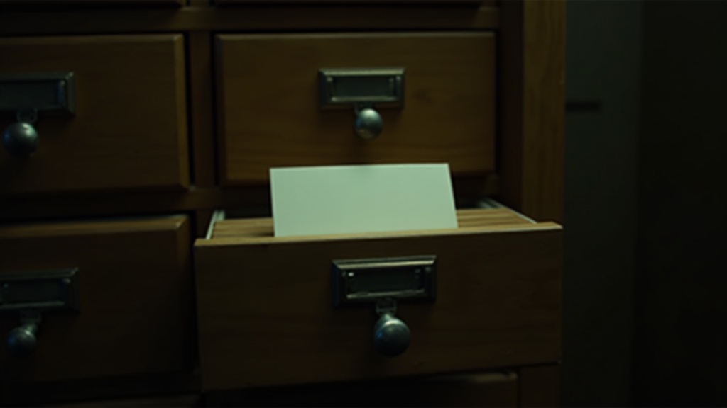 A single blank index card lifted halfway out of one open drawer in a wooden card catalogue