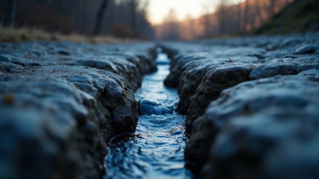 A dry stone riverbed carved into one fixed channel, with a thin thread of water finding a new path through it